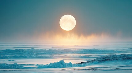 Wall Mural - a majestic full moon ascends over an expanse of tranquil water dotted with towering icebergs, all se