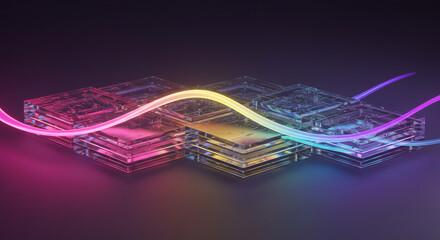 Abstract glowing light waves over layered transparent square platforms on dark background