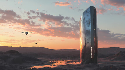 Wall Mural - A futuristic metallic monolith in a desert landscape at dusk with drones hovering nearby, 3d rendering of futurism concept. [Hollow Monoliths] | Dusk Monoliths | twilight giants. Illustration