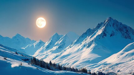 Fototapete -   A moon rises above snowy mountains, with trees in the foreground