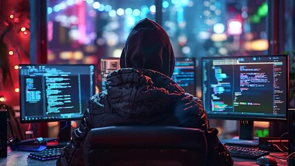 Person coding at computer with multiple screens software development cybersecurity