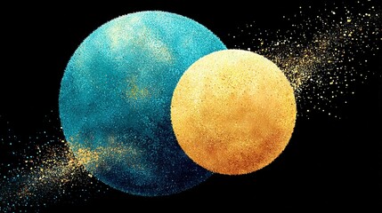 Wall Mural - a stunning depiction of two vibrant blue and golden-yellow planets emanating radiant dust from their