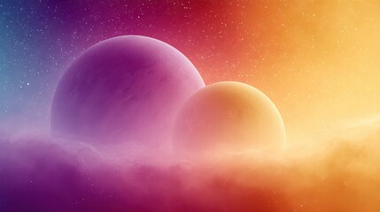 Wall Mural - a trio of celestial bodies surrounded by clouds and starlit backdrop, exhibiting a rainbow tint on t
