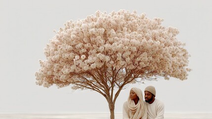 Fototapete -   Man and woman sit under blooming tree near body of water