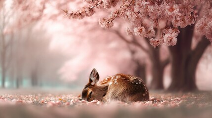 Wall Mural -   Deer on ground, near pink tree & sky
