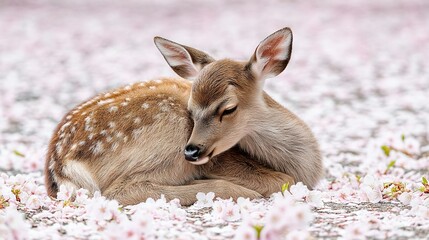 Wall Mural -   A pair of deer resting together on a field of pastel-colored flowers beneath a clear blue sky during a beautiful sunlit afternoon
