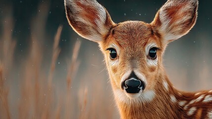 Canvas Print -   Close-up of deer's face amidst grassy foreground and expansive sky background