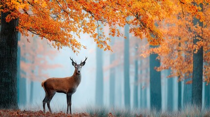 Canvas Print -   A deer in a forest stands near an orange-leafed tree