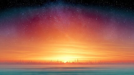 Wall Mural - sunset over a body of water with cityscape in distance and starry sky