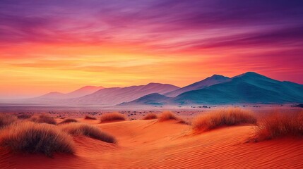Wall Mural - painting portrays a desert landscape with mountainous backdrop and vivid red sky