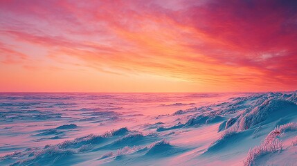 Wall Mural - a red and pink sky over a large body of water with snow-covered hills in both the foreground and bac
