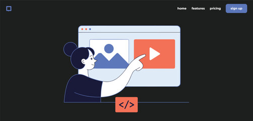 Flat illustration of woman pointing at video player icon on web interface, representing multimedia content, web development, and digital media
