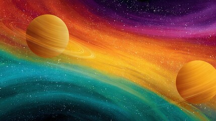 Wall Mural - two planets in space, with a rainbow swirl in the foreground and stars in the background