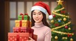 © Gambar - Festive holiday spirit illustration showcasing a woman cheerfully holding a stack of presents with a Christmas tree in the backdrop