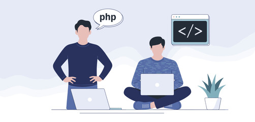 Flat illustration of web developer designing interface elements on screen with laptop, representing coding, user interface design, and software development
