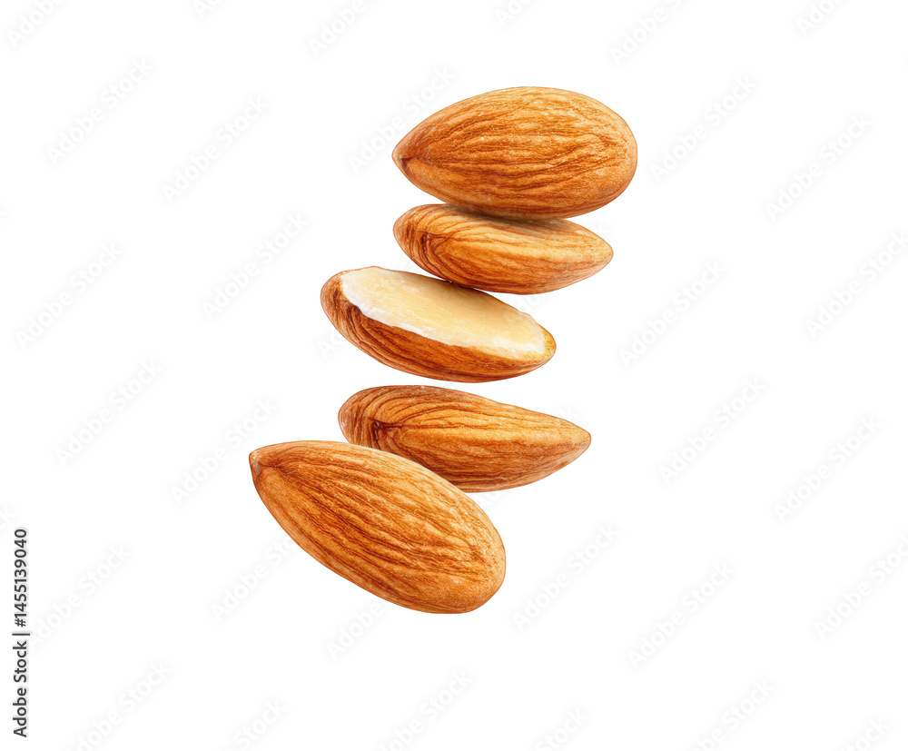 Floating almonds on a transparent background showcasing the natural ...