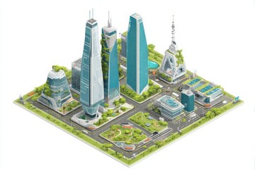 Poster - Modern Smart City Design Featuring Skyscrapers, Parks, and Sustainable Architecture in a Vibrant Urban Landscape Generative AI