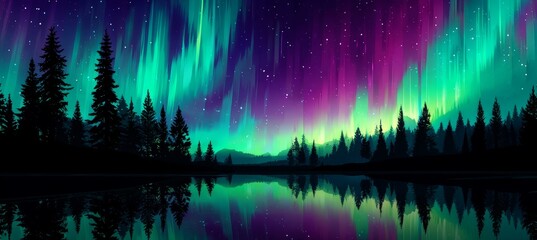 Wall Mural - Aurora borealis reflection over serene forest lake at night