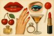 © LiliGraphie - Retro cut-out fashion sticker with red lipstick, eye, cherries, hand and perfume on aged paper. Vintage glamour, beauty accessories. 70s paper print aesthetic