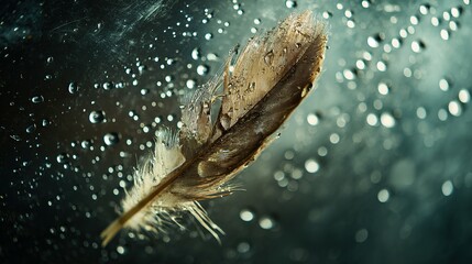 Wall Mural - A delicate feather seen through raindrops on glass.