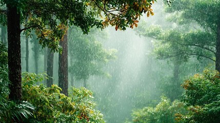 Wall Mural -   A dense green forest is adorned with lush foliage The leaves atop cascade downwards in abundance