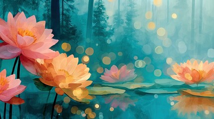 Wall Mural -  Water Lilies in Pond with Sunlight and Forest Background