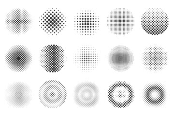 Halftone circle set with varied dot, star, square effects