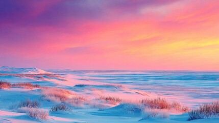Wall Mural -   Snowscape - A stunning depiction of winter's tranquility featuring a pink-blue sky, lush bushes, and sparkling snow