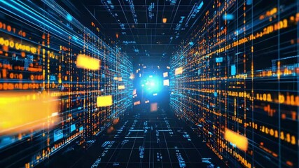 Wall Mural - Futuristic digital tunnel with binary code streams, symbolizing data flow and information technology