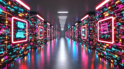 Wall Mural - Futuristic server room corridor with glowing neon data blocks and reflective floor