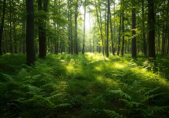  Forest Sunlight, Green Trees, Lush Ferns Nature Photography for Relaxation, Outdoors and Environment