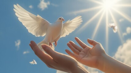 hands holding a dove in the sky