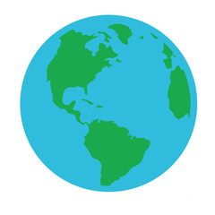 simple earth globe illustration, vector art, green landmasses, blue ocean, flat design, world map, p