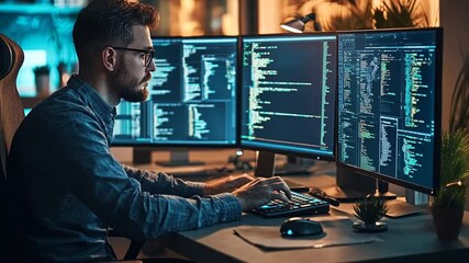 Professional programmer coding software on multiple screens at night concept