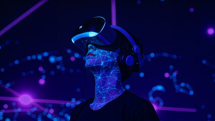 Wall Mural - futuristic virtual reality experience with young woman wearing vr headset and neon digital patterns