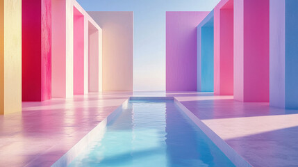 Wall Mural - realistic 4k side angle of a spacious 3d background featu colorful pastel architecture and a serene 