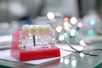 Aufkleber - Implant Placed in Soft Gum Gel Model Under Sterile Clinic Lights for Dental Training and Demonstration Purposes Generative AI