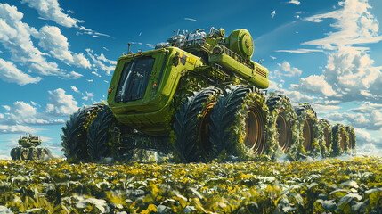 Wall Mural - Innovative green machines in a lush field under a bright blue sky, symbolizing modern agriculture and technology integration. [Gilded Mechanica] | Lush Pistons | green machines. Illustration