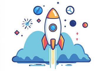Wall Mural - colorful rocket launch icon with stars clouds and smoke in a cartoon vector style
