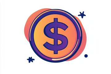 Wall Mural - purple dollar icon on circular orange background with sparkles