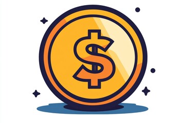Wall Mural - golden coin icon with bold dark edge and small stars on white background