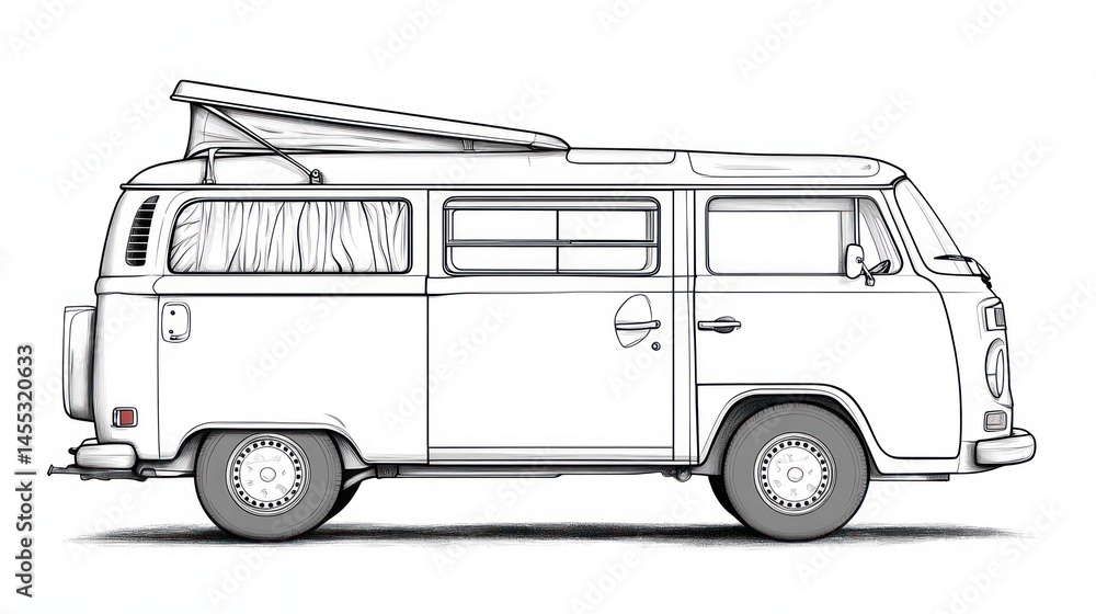 Vintage Camper Van Profile, Side View, Outline Drawing, For Design ...