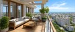 © Sarfan - Luxurious apartment balcony overlooking a cityscape and ocean.  Outdoor furniture creates a relaxing space