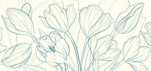 Wall Mural - luxury botanical art background with tulip flowers in blue line art style. floral banner for decor, 