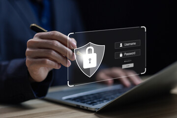 Wall Mural - laptop shows the icon lock shield for cybersecurity. concept of secure privacy data, protect cybercr