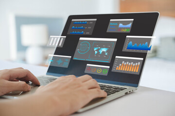 Poster - Businessman analysis shows a digital dashboard chart of the financial database. concept of business management, analytics market. Reporting platform overview, CRM system, ai data research