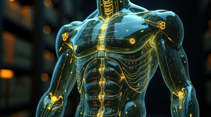 Poster - A transparent futuristic human torso with glowing circuits highlights a blend of technology and anatomy in a high-tech environment.