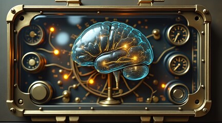 Aufkleber - A futuristic brain model surrounded by golden gears, wires, and gauges, illustrating the blend of technology and human intelligence.