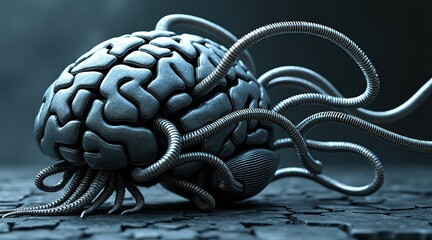 Aufkleber - A metallic brain with cables extending from it rests on a cracked surface, symbolizing artificial intelligence and technology integration.