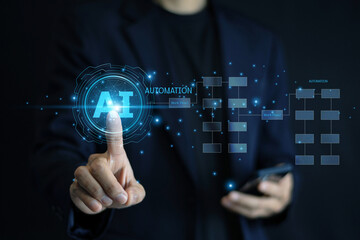 Wall Mural - confident businessman using ai-powered software for workflow automation and task management in digit